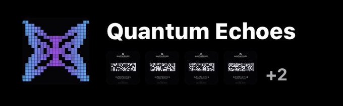 A dark banner displays the title 'Quantum Echoes' alongside a blue pixelated logo and a preview of several similar graphic designs with a '+2' indicator.