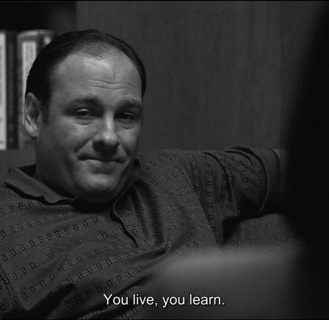 A black-and-white image shows a smiling, balding man (Tony Soprano) reclining on a couch with a slight smirk, captioned "You live, you learn." The image humorously conveys the hard-earned wisdom of the post's lesson: selling outperformers to chase laggards is a costly mistake, and early winners often keep winning — a lesson best accepted with a knowing smile.