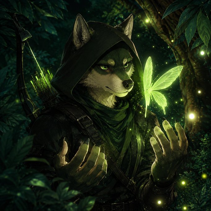 A hooded wolf warrior with glowing green eyes stands in a mystical forest, gazing at a luminous dragonfly-like fairy creature hovering near his outstretched hand, with a quiver of arrows on his back. The image perfectly complements the post's message of renewal and perseverance, with the magical forest representing a moment of pause and refocus on the journey toward success.