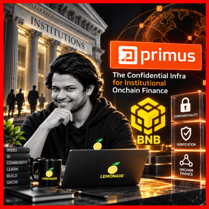 A promotional graphic features a smiling young man with a 'LEMONADE' laptop beside the 'primus' logo with text 'The Confidential Infra for Institutional Onchain Finance', 'BNB', and tags including CONFIDENTIALITY, VERIFICATION, and ONCHAIN FINANCE.