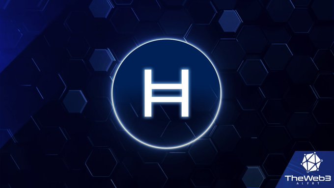 A neon-glowing circle containing the letter 'H' on a dark blue hexagonal-patterned background, with 'TheWeb3 Alert' logo in the corner.