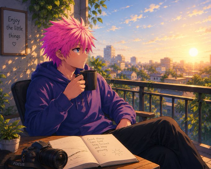 An anime-style character with pink hair and a purple hoodie sits at a table with a journal, camera, and coffee mug, looking out over a sunny cityscape with the text "Enjoy the little things" on a framed sign.