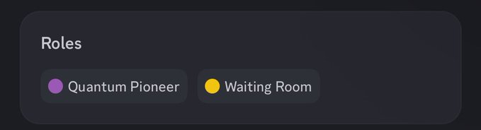 A dark-themed interface panel displays a "Roles" section with two color-coded tags: a purple "Quantum Pioneer" tag and a yellow "Waiting Room" tag, likely representing user roles within a platform related to the QMS blockchain mentioned in the post about Proof of Useful Work.