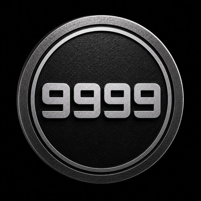 A metallic circular emblem displays "9999" in bold silver numerals against a black textured background, visually representing the $9999 token referenced in the post about a PancakeSwap V2 sell transaction bug.