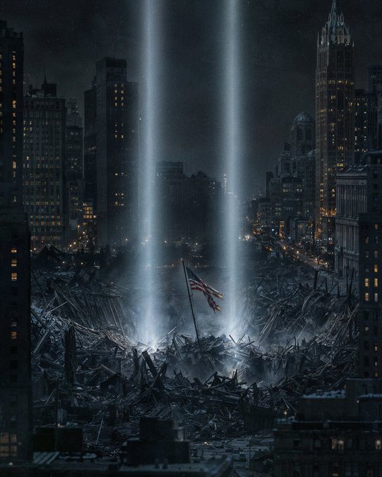 A somber nighttime scene depicts a destroyed cityscape with the Tribute in Light beams rising above Ground Zero, while an American flag stands amid the wreckage and rubble. The image powerfully connects to "NEVER FORGET" by visually commemorating the September 11, 2001 attacks in New York City, honoring the memory of those lost.
