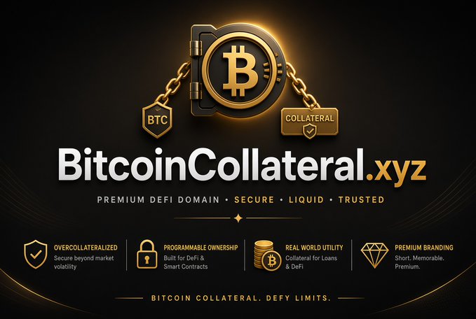 A premium domain advertisement for 'BitcoinCollateral.xyz,' promoting it as a DeFi domain with features like overcollateralization, programmable ownership, real-world utility, and premium branding.