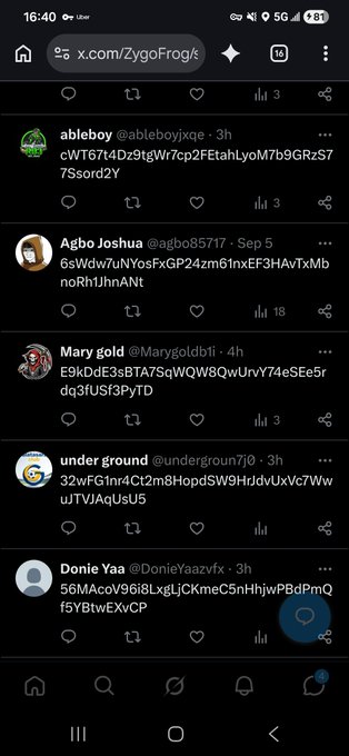 A screenshot of an X (formerly Twitter) feed on a mobile browser displaying several posts containing long strings of seemingly random alphanumeric characters.