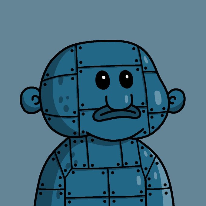 A cartoon illustration of a robot character made of metal plates with rivets, featuring a sad expression. The image relates to the post about a "Robot" skin NFT sold for 0.005 on OpenSea, visually representing the type of character being traded.