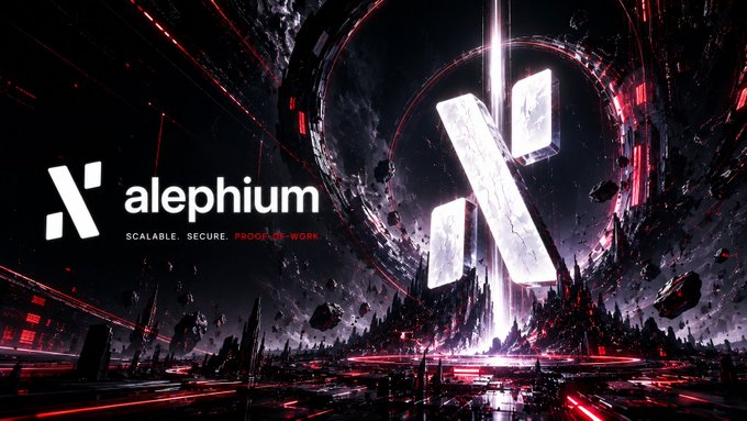 A sleek promotional banner for "alephium" featuring the project's stylized "X/A" logo in glowing silver, set against a dramatic dark sci-fi backdrop with red accents, floating debris, and crystalline structures. The tagline reads "SCALABLE. SECURE. PROOF-OF-WORK," reinforcing the post's emphasis on Alephium being a well-built Proof-of-Work Layer 1 blockchain.