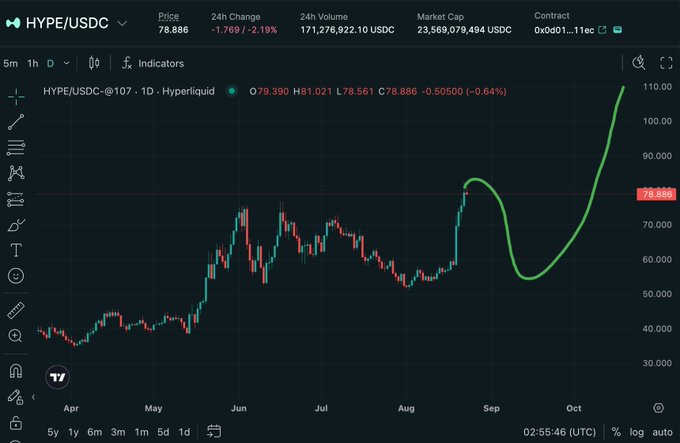 A TradingView chart of HYPE/USDC on Hyperliquid shows the price at 78.886, down 2.19% over 24h with $171M in volume, while a hand-drawn green arrow sketches a parabolic rally from ~$55 in mid-September toward $110—visualizing the poster's speculation about shorting HYPE before it potentially hits $100.