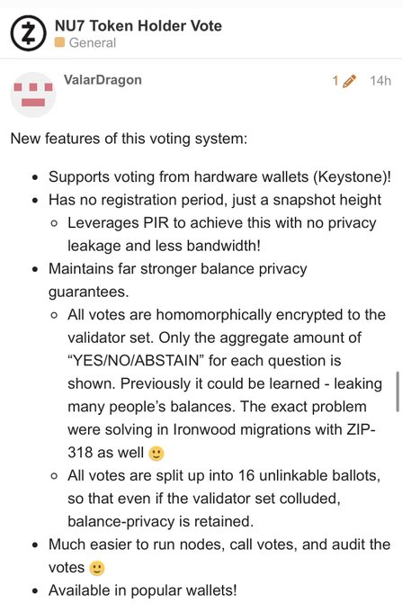 A Discord post from ValarDragon in the NU7 Token Holder Vote channel lists key features of the new voting system, including hardware wallet support via Keystone, stronger balance privacy through homomorphic encryption, and the resolution of a ZIP-318 Ironwood migration bug. The features shown support the post's claim that this will be the most secure and efficient coinholder vote in Zcash's history.