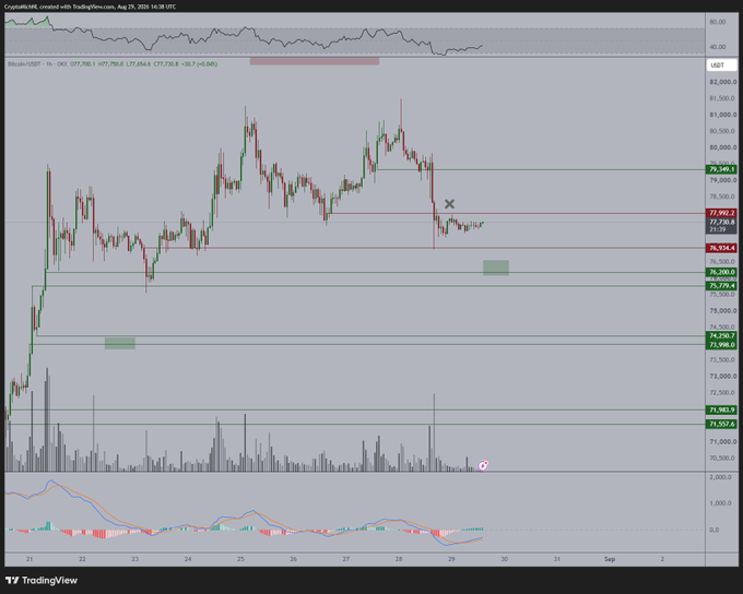 A TradingView chart for Bitcoin/USDT on Coinbase showing a 1-hour candlestick view with a current price around $77,950.2 and an RSI indicator at the bottom.