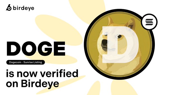 The image is a promotional graphic for Birdeye announcing that DOGE (Dogecoin) has been verified on the platform as a Sunrise Listing. It features the text "DOGE is now verified on Birdeye" alongside the iconic Shiba Inu dog logo styled within a gold Dogecoin emblem, directly illustrating the post's announcement about Dogecoin's native integration on Solana via Sunrise and its verification on Birdeye.