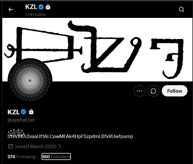 A Twitter/X profile page for a verified user named 'KZL' with the handle @qephatziel, featuring crude ASCII art of a cannon and a wheel, with a bio link and '160 Followers'.