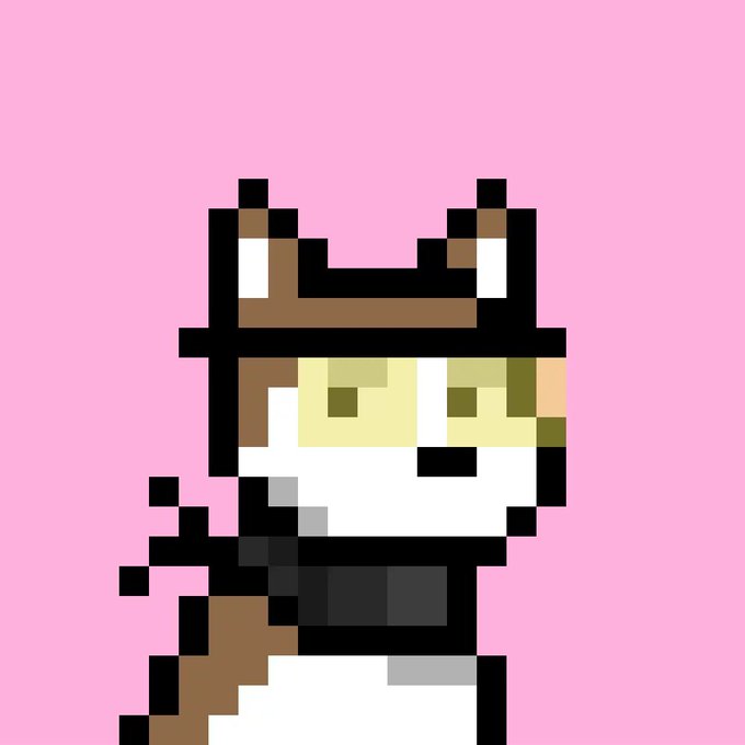 A pixel art illustration of an orange and white fox character against a pink background.