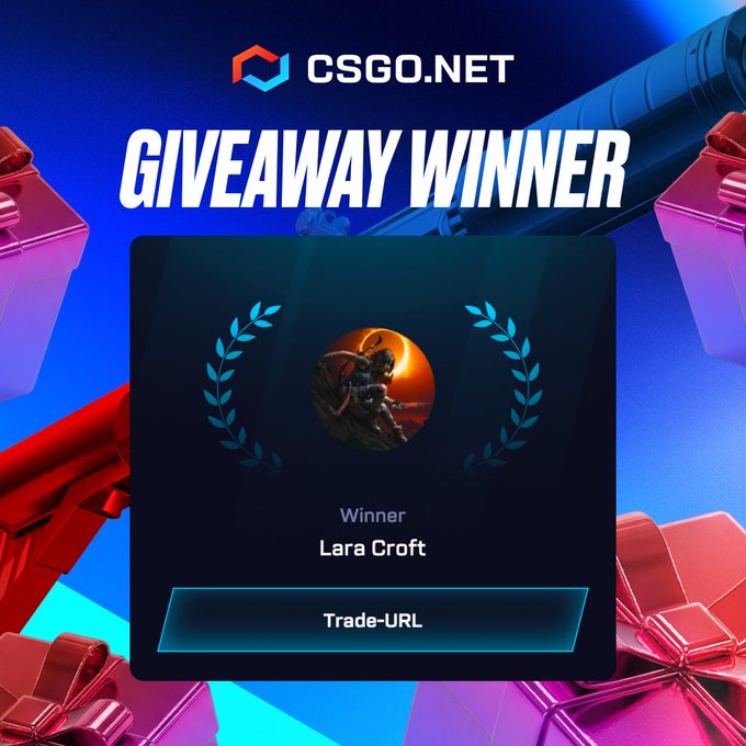 A promotional graphic from CSGO.NET announcing 'GIVEAWAY WINNER' as 'Lara Croft' with a 'Trade-URL' button, set against a background of red gift boxes.