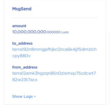 A blockchain transaction record showing a MsgSend of 10,000,000,000.000000 Lunc tokens between two Terra addresses.