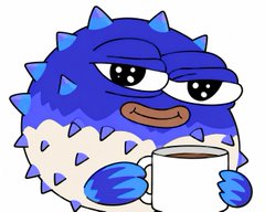 A cartoon-style illustration of a blue spiky pufferfish character with big eyes, holding what appears to be a mug.