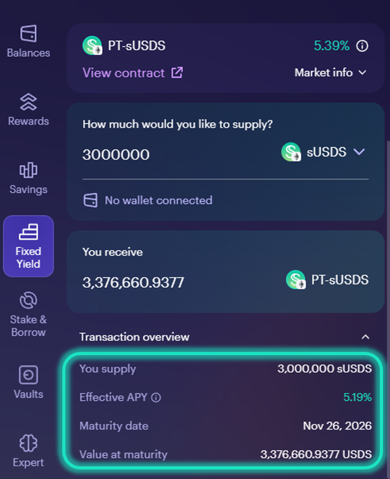 In this image, there's a screen showing a detailed view of a bank transaction that was recently completed. The main focus is on three key points related to the transaction: 
1. The total amount of money involved in the transaction is $3M. This value could be redeemed at maturity or upon exchange for another type of asset.  
2. The transaction has been successfully processed, and now the user needs to supply $0.975... or $5,937.78USDS as a maturity date. 
3. The APY (Annual Percentage Yield) of this fixed-yield bond is 5.19%. This means that if the bond matures at maturity, the investor will receive 5.19% return on their investment.  
The screen also has details about the transaction and its impact on balances as well.