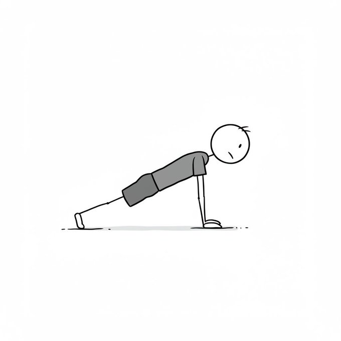 A minimalist black-and-white line drawing shows a stick figure in a plank or push-up position with a neutral expression.