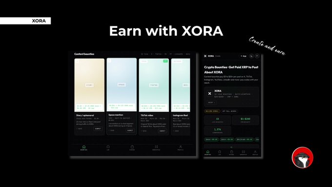 Promotional graphic for XORA cryptocurrency with the headline 'Earn with XORA' and 'Create and earn,' showing a content benefits page and a mobile app interface for crypto rewards.