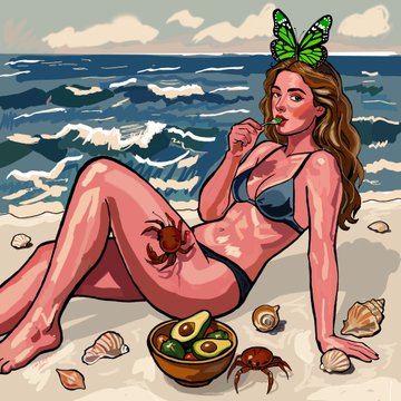 An illustrated cartoon of a woman with a butterfly on her head lounging on a beach in a dark bikini, surrounded by seashells, a crab, and a bowl of avocado and crabs.