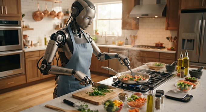 A humanoid robot wearing a blue apron cooks vegetables in a pan on a stovetop in a modern kitchen, with the name "ASIA-X" visible on its arm.