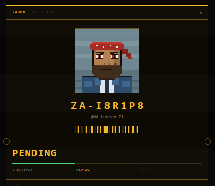 A pixel art ZADOR whitelist screen showing a pirate character, the code 'ZA-I8R1P8', username '@Md_Lokman_71', and a 'PENDING' status with a submission progress bar.