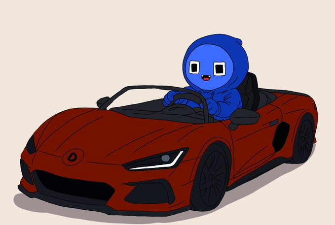A cartoon illustration of a blue character driving a red convertible sports car against a plain background.