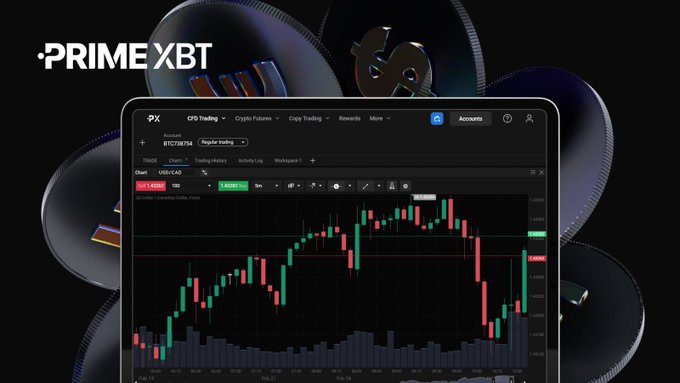 A sleek promotional image for PrimeXBT features the company's logo prominently displayed alongside a crypto trading interface showing a USD/CAD chart with candlestick patterns, illustrating the platform's capability to trade multiple assets like BTC, Gold, Forex, and Indices as mentioned in the accompanying post.