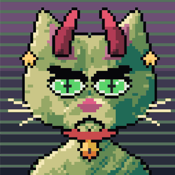 A pixel art image of a green cat-like creature with red horns, green eyes, a red collar with a bell, and small yellow star earrings.