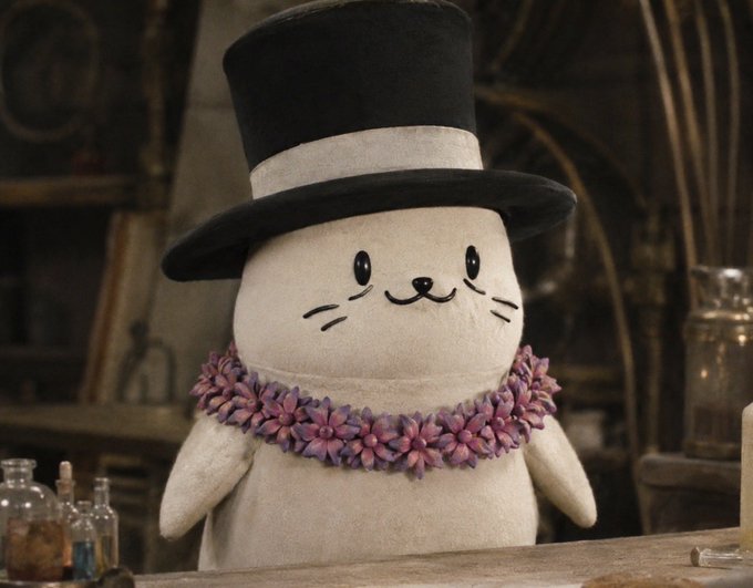 A plush white cat-like character wearing a black top hat with a white band and a purple flower lei, sitting on a wooden surface.