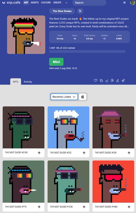 A screenshot of the xrp.cafe website showing the 'The New Dudes' NFT project page, featuring pixel-art character avatars in various color palettes and accessories, with a floor price of 0.0 XRP.