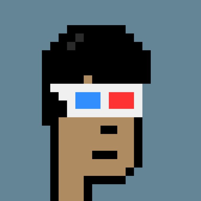 A low-resolution pixel art avatar depicts a figure with dark skin, black hair, and white 3D glasses with blue and red lenses, set against a gray background.