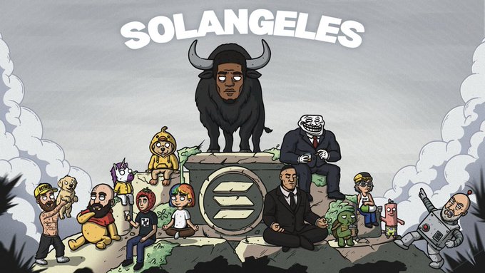 A promotional illustration for the animated series "SOLANGELES" featuring various caricature characters—including a TikTok logo figure, a meditating businessman, and a troll-face suited figure—gathered around a giant bull statue on a pedestal bearing a solana-style "S" emblem, cleverly riffing on the creator's frustration with memecoins by transforming them into comedic characters.