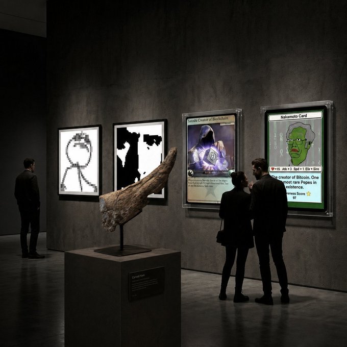 A modern art gallery scene with visitors viewing framed artworks, including pieces titled 'Satoshi Creator of Blockchain' and 'Nakamoto Card' (showing a Pepe-like green face with 'The creator of Bitcoin'), alongside pixel art portraits and a wooden sculpture on a pedestal.