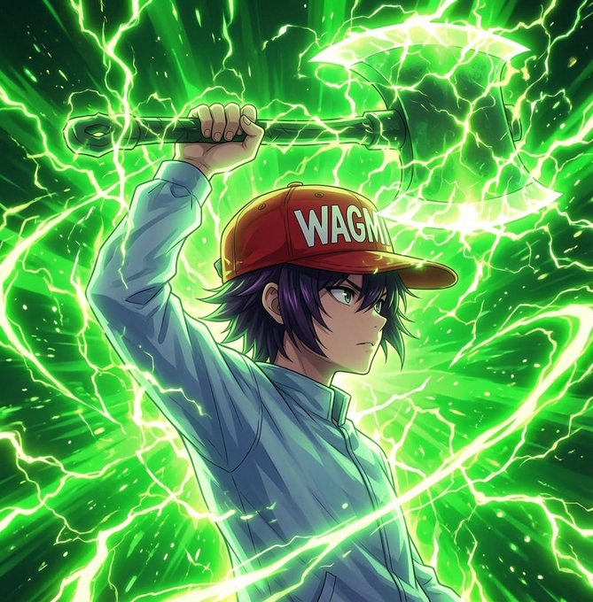 An anime-style character wearing a red cap reading "WAGMI" wields a glowing green hammer surrounded by crackling electric energy, symbolizing a powerful "actives drop." The image's energy and the "WAGMI" (We're All Gonna Make It) cap reflect the post's motivational call to stay active and engaged in the crypto community for giveaways.