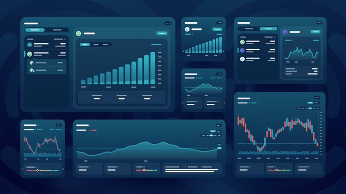 An illustration of a dark-themed financial dashboard displaying multiple panels with bar charts, line graphs, and candlestick trading charts in blue and red colors.