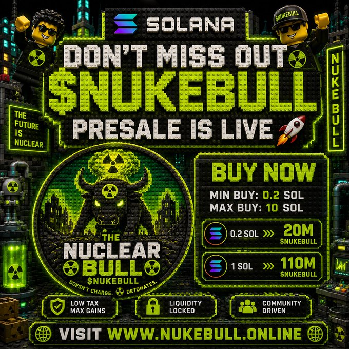 A promotional graphic for a Solana-based cryptocurrency presale called '$NUKEBULL', featuring Lego-style characters and a bull mascot with radiation symbols, detailing min/max buy amounts in SOL and offering 20M-110M $NUKEBULL tokens at www.nukebull.online.