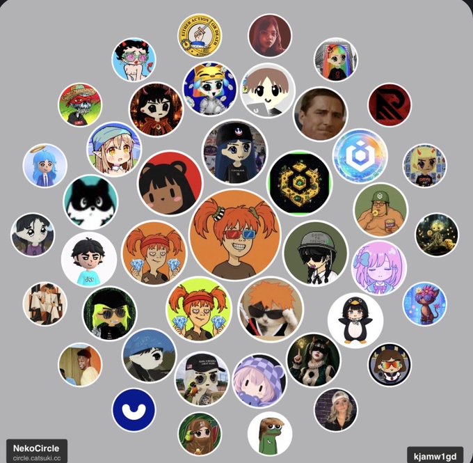 A circle of various anime and gaming profile pictures displayed on NekoCircle, with the username 'kjamw1gd' visible in the bottom right.