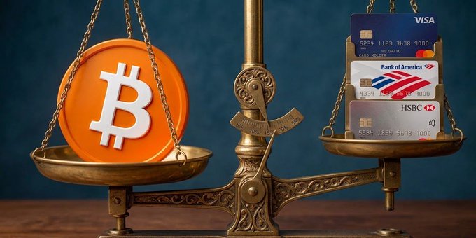A balanced scale tipped with an orange Bitcoin coin on one side and a stack of Visa, Bank of America, and HSBC credit cards on the other, visually representing Bitcoin's market cap surpassing the combined value of the three major financial institutions.