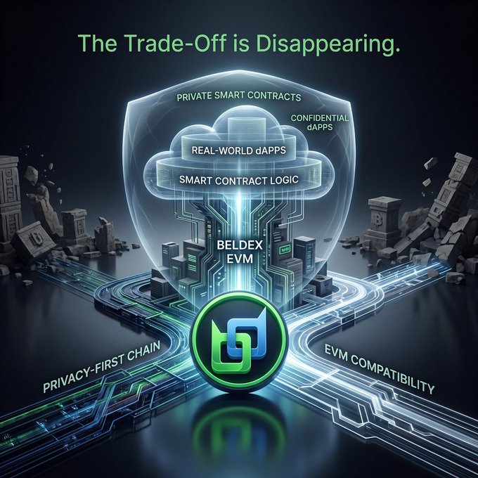 The image illustrates Beldex's EVM integration as a protective shield, with "BELDEX EVM" at its core connecting "PRIVACY-FIRST CHAIN" and "EVM COMPATIBILITY" to enable "PRIVATE SMART CONTRACTS," "CONFIDENTIAL dAPPS," and "REAL-WORLD dAPPS," visually reinforcing the post's claim that the historical trade-off between privacy and smart contract functionality is finally being eliminated.