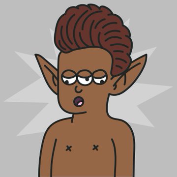 A cartoon illustration of a character with brown skin, pointed ears, purple lips, and braided hair set against a star-shaped background.
