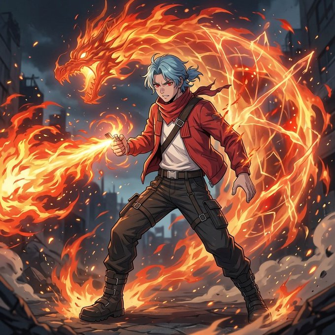 An anime-style illustration of a blue-haired character in a red jacket and cargo pants, summoning a large, fiery dragon-like creature in a ruined city setting.