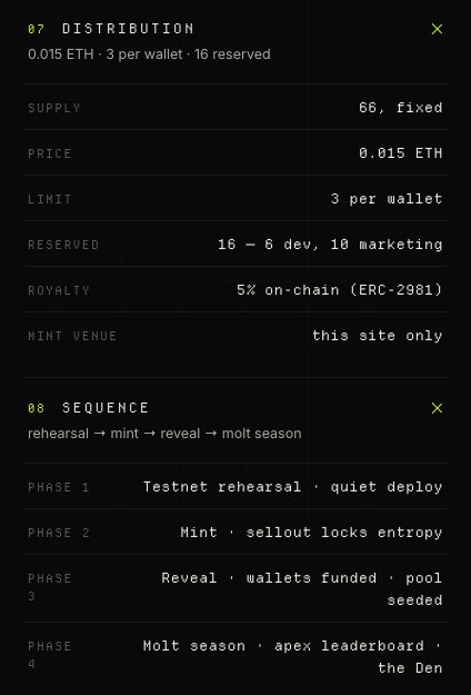 Technical specification document detailing 'DISTRIBUTION' (0.015 ETH, 66 supply) and 'SEQUENCE' phases including rehearsal, mint, reveal, and molt season.