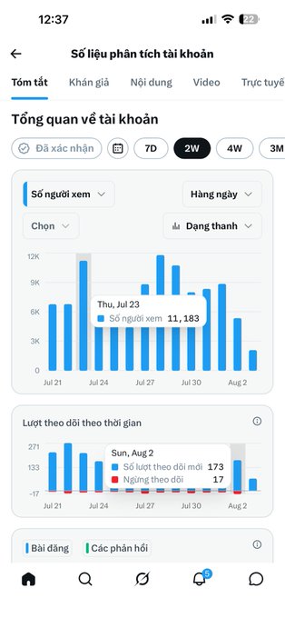 A mobile analytics dashboard showing account insights over a 2-week period, including a daily view chart with 11,183 views on Thu, Jul 23, and follow metrics.