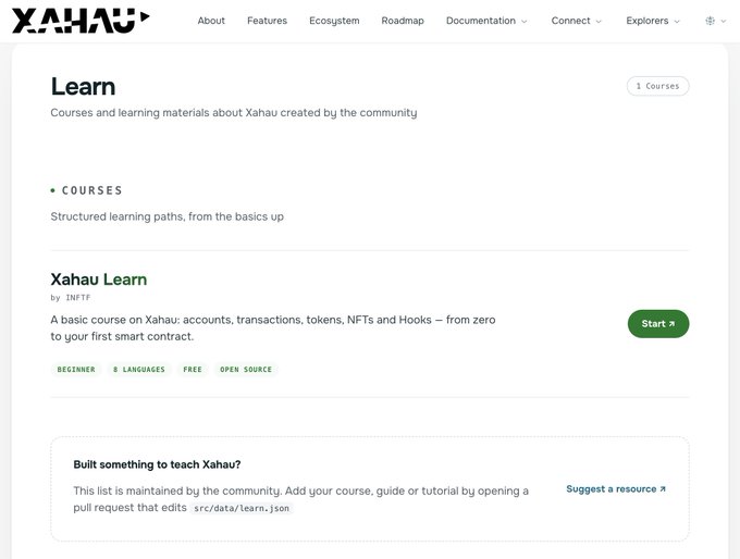The image shows the Xahau website's new "Learn" section featuring a "Xahau Learn" course by INFTF, marketed as a basic course covering accounts, transactions, tokens, NFTs, and Hooks, with tags indicating it's for beginners, available in 8 languages, free, and open source. A note at the bottom invites the community to suggest resources by editing `src/data/learn.json`, aligning with the post's call for community-contributed educational content.