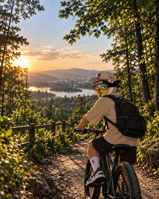 A scenic photo of a person riding a mountain bike on a dirt trail, wearing a white cap, colorful ski goggles, and a backpack, with a sunset view over a lake and mountains in the background.