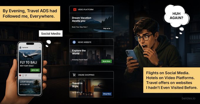 An illustrated graphic by beldex.io depicting a man confused by travel ads following him on social media, video platforms, news websites, and online shopping pages.