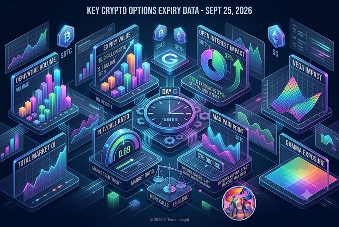 A futuristic infographic titled 'KEY CRYPTO OPTIONS EXPIRY DATA - SEPT 25, 2026' displaying various panels including Derivative Volume, Expiry Value, Open Interest Impact, Put/Call Ratio (0.69), and Vega Impact, with a central clock showing '15:00 UTC' and a 'DAY 6' badge.